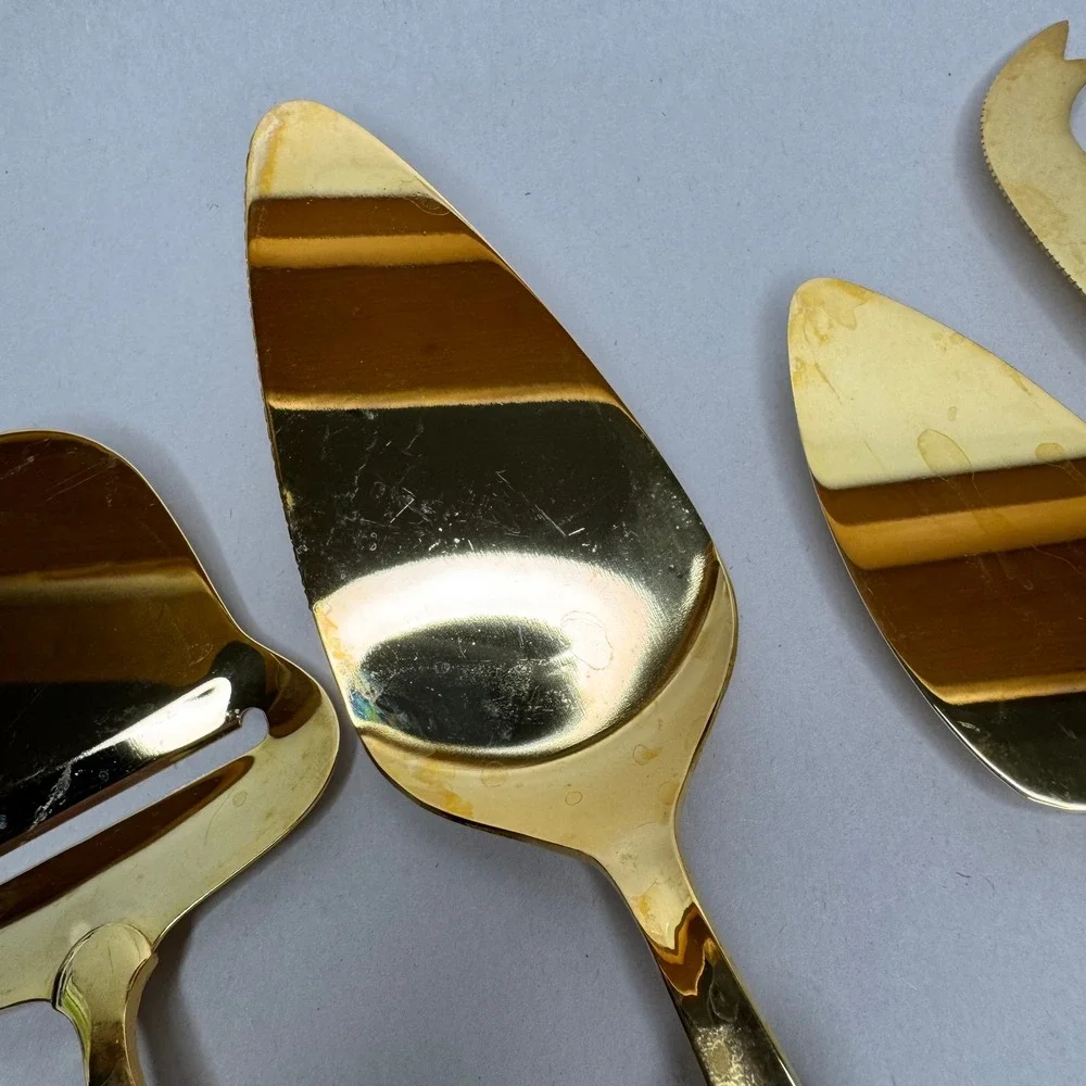 Vtg Christmas Holly Gold Cheese Knife Pie Set 4pc Stainless Steel Japan Holiday